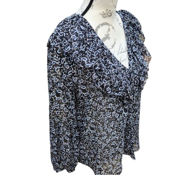 Veronica Beard -561 Silk Buttoned Ruffle Blouse Long Sleeve Navy and Gold Size 6 - Picture 5 of 12